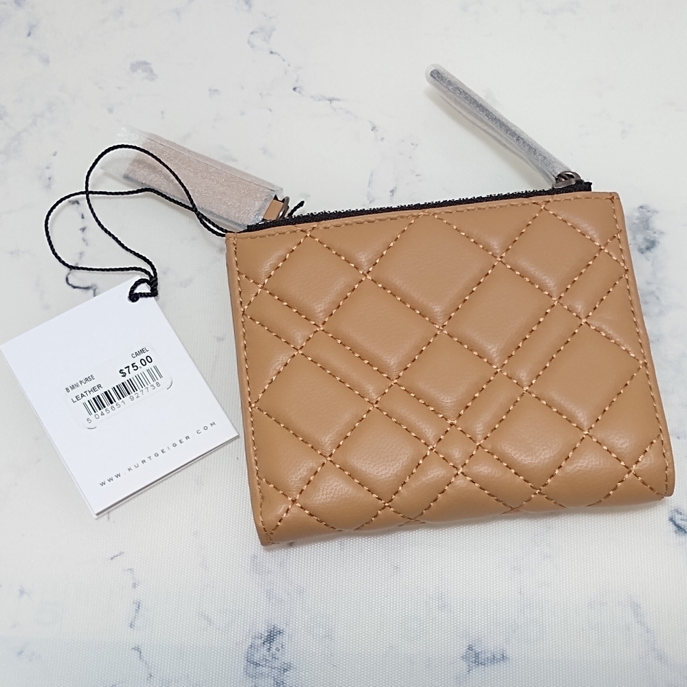Kurt Geiger B Mini Purse Quilted Leather Coin & Card Case Camel - Picture 3 of 8